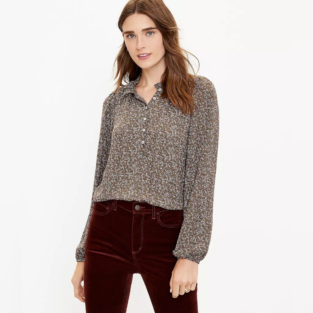 LOFT Floral Ruffle Neck Mixed Media Top - S